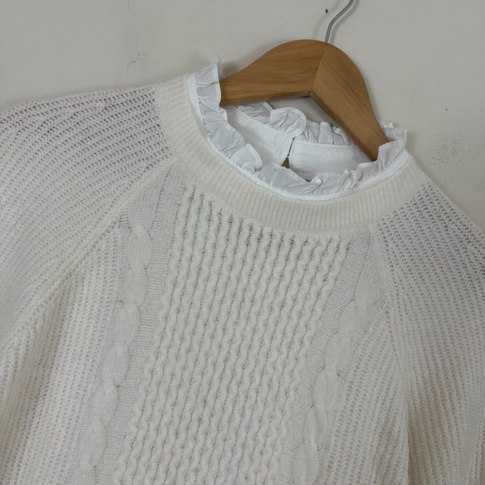 Loft Layered Academia Sweater Cream Cable Knit Raglan Sleeve Ruffled Neck S